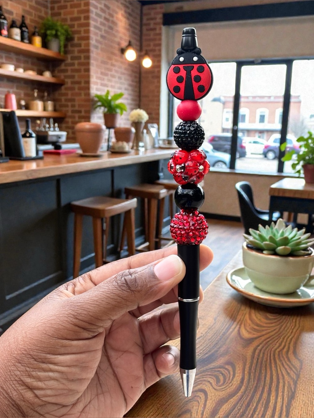 Handcrafted Ladybug Beaded  Pen - Red & Black